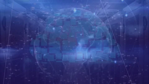 Animation of globe with data processing and cloud icon over server room Video stock 308503268