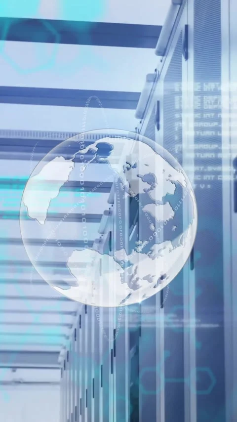 Animation of globe with data processing over computer servers Stock Footage 343504420