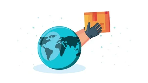 Animation of globe with delivery hand holding parcel package for worldwide .. 動画素材 339049413