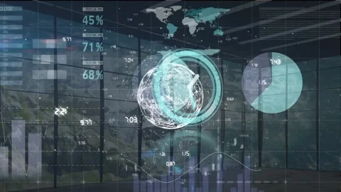 Animation of globe, digital clock, infographic interface over window and Stock Footage 329368171