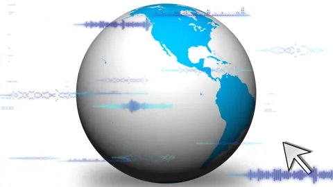 Animation of globe with digital data patterns and cursor icon on white Stock Footage 303609143