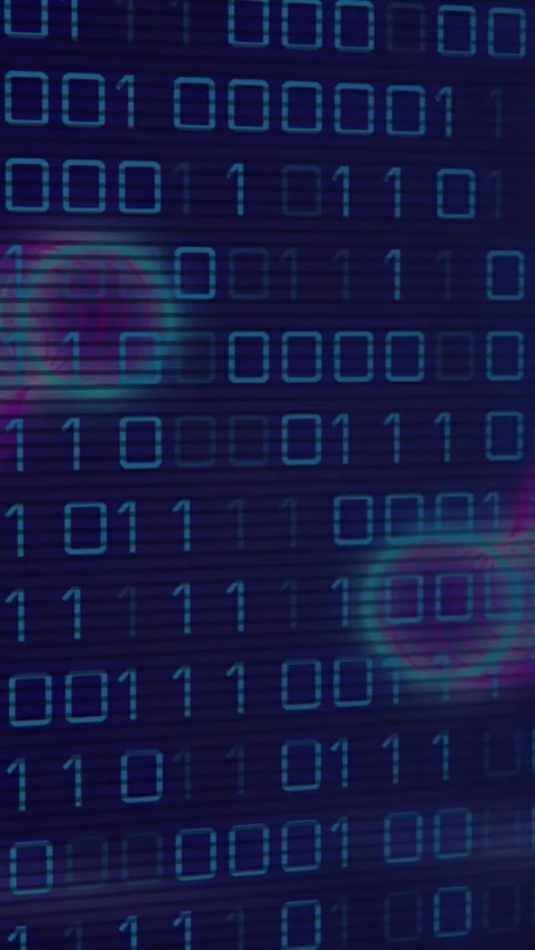Animation of globe of digital icons and spring shapes against binary coding 库存影片 344745827