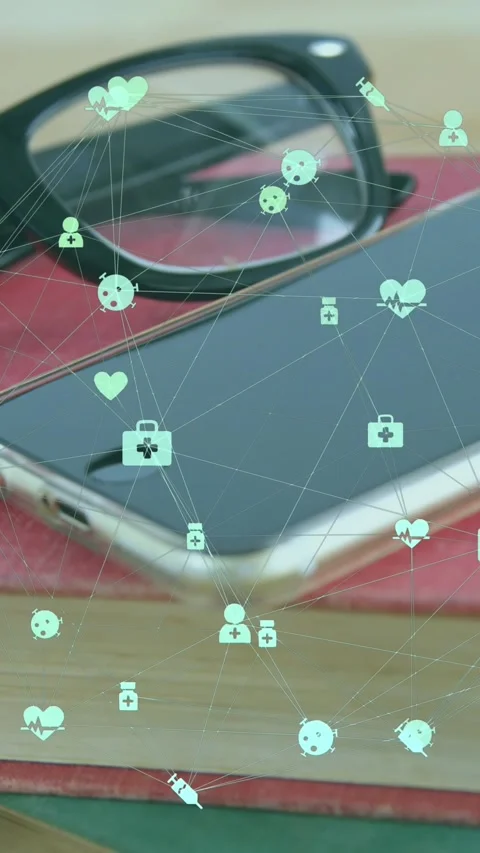 Animation of globe of digital icons over diary, coffee cup, glasses and Stock Footage 321265501