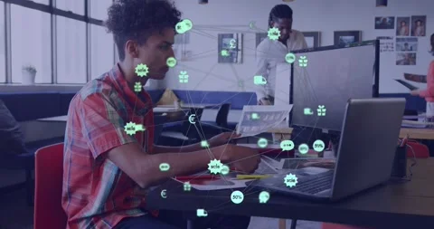 Animation of globe of digital icons spinning over man with documents using Stock Footage 329924418