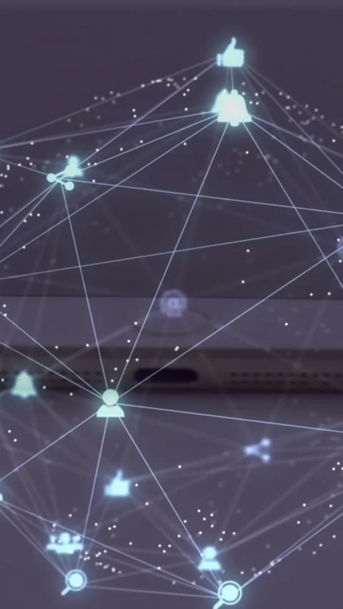 Animation of globe of digital icons spinning over close up of laptop, diary and Stock Footage 344678951