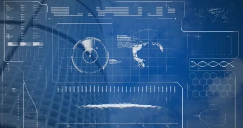 Animation of globe, dna helix, loading bars and radar over modern building Stock Footage 330594118