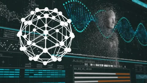 Animation of globe, dna strand and data processing with human body formed with Stock Footage 328585659