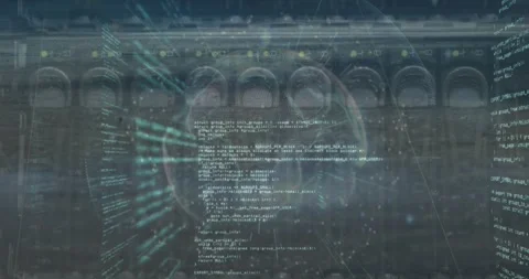 Animation of globe, dots and computer language over back panel of server data Video stock 328709737