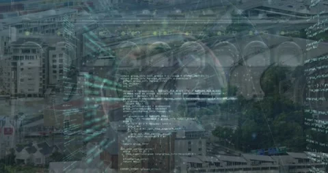 Animation of globe, dots and computer language over back panel of server data Video stock 328978086