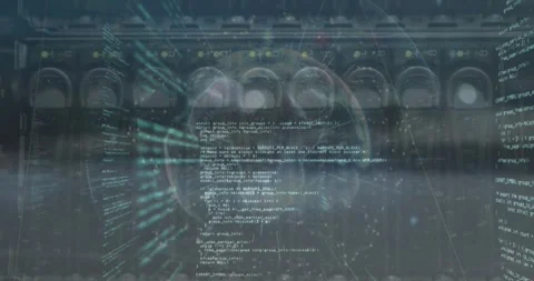 Animation of globe, dots and computer language over back panel of server data Video stock 329854366