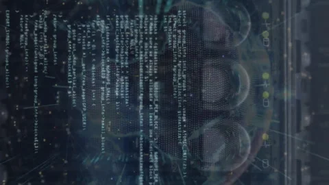 Animation of globe, dots and programming language over back panel of server data Stock Footage 313411844