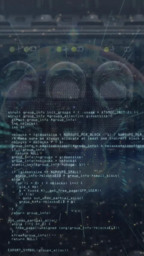Animation of globe, dots and programming language over back panel of server data 動画素材 321719850