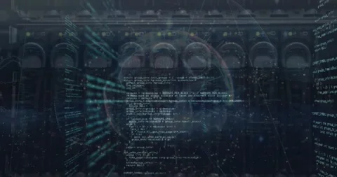 Animation of globe, dots and programming language over back panel of server data 動画素材 330344446