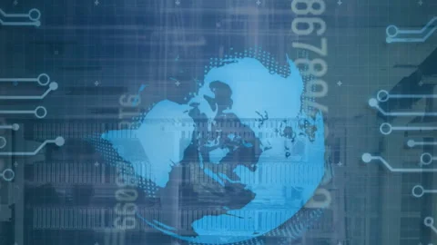 Animation of globe, graph, circuit board pattern and changing numbers over data Stock Footage 312569066