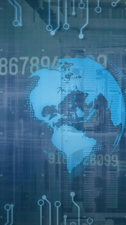 Animation of globe, graph, circuit board pattern and changing numbers over data Stock Footage 323578869