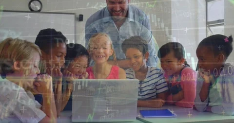 Animation of globe, graph, programming code over multiracial teacher with 動画素材 330406939