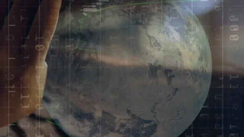 Animation of globe, graphs and binary codes over asian teenage girl studying Stock Footage 312905839