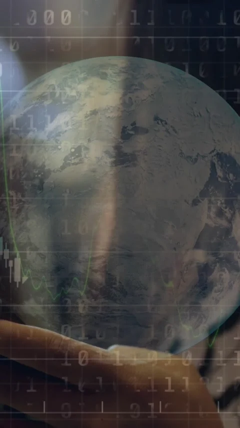 Animation of globe, graphs and binary codes over asian teenage girl studying Stock Footage 322559224