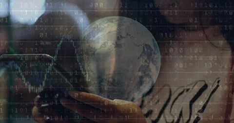 Animation of globe, graphs and binary codes over asian teenage girl studying Stock Footage 327901552