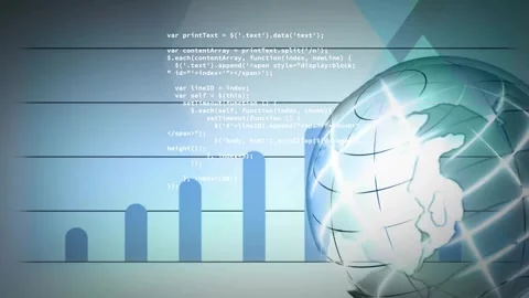 Animation of globe, graphs and computer language over abstract background Stock Footage 257103789