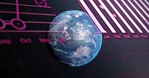 Animation of globe, graphs and computer language over globe against black Stock Footage 329167178