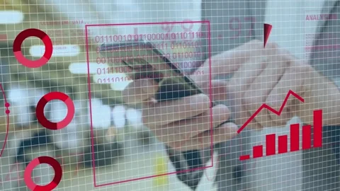 Animation of globe, graphs, binary codes over midsection of caucasian man using Stock Footage 253429759