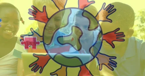 Animation of globe with hands logo colorful puzzle pieces over happy playing Stock Footage 159641809