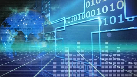 Animation of globe icon, music equalizer and binary coding over grid network on Stock Footage 224617667