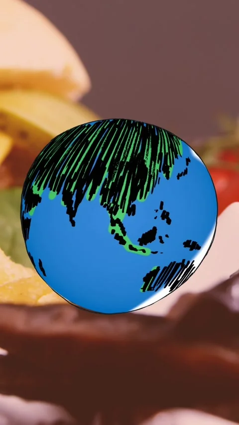 Animation of globe icon over fast food with hamburger, chips and onion rings Stock Footage 342641822