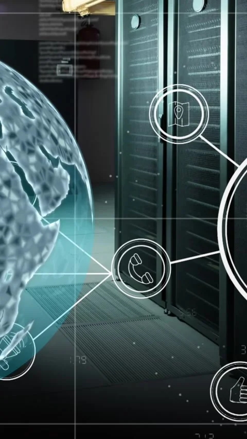Animation of globe with icons and data processing over computer servers Stock Footage 342609195