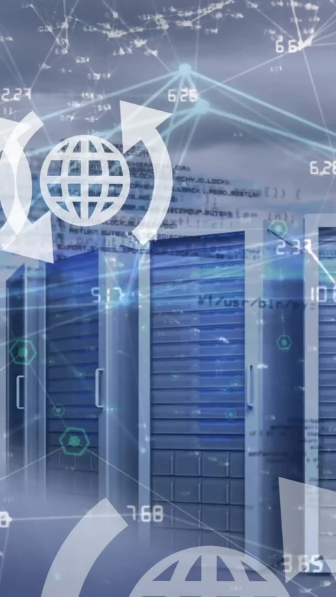Animation of globe icons and data processing over computer servers Stock Footage 343127502