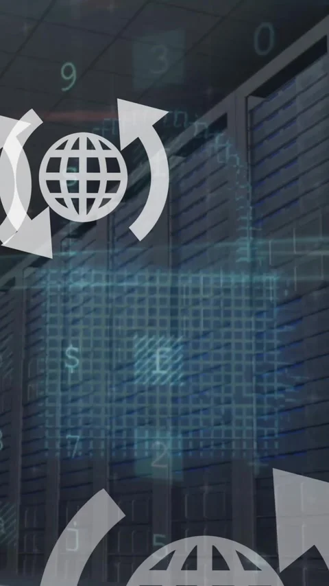 Animation of globe icons and data processing over computer servers Stock Footage 343127507