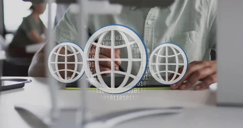 Animation of globe icons, binary coding data processing over businessman in Stock Footage 309499824