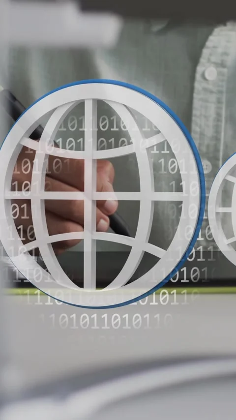 Animation of globe icons, binary coding data processing over businessman in Stock Footage 323780668