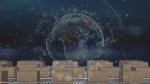Animation of globe with icons over boxes on conveyor belt Stock Footage 327122097