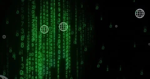 Animation of globe icons over falling changing numbers and binary codes over Stock Footage 250591813
