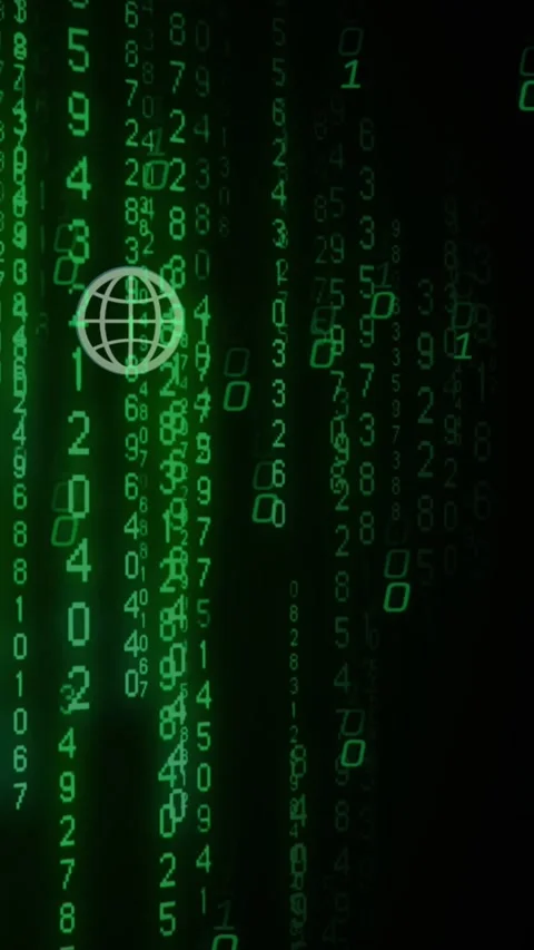 Animation of globe icons over falling changing numbers and binary codes over Video stock 320921569