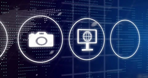 Animation of globe with icons, world map and data processing Stock Footage 329488400