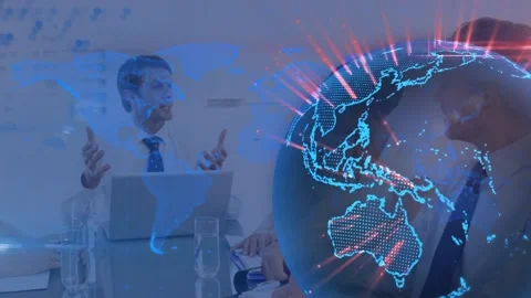 Animation of globe with light beams rotating over caucasian colleagues Видео 202897995