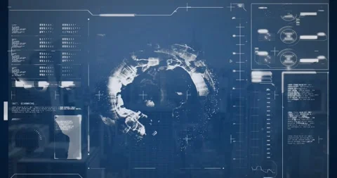 Animation of globe, loading bars and computer language over modern cityscape in Stock Footage 244734850