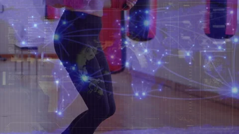 Animation of globe, loading bars and connected dots over map on caucasian female Stock Footage 315734127