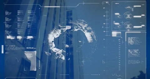Animation of globe, loading bars, computer language, low angle view of building Stock Footage 329709949