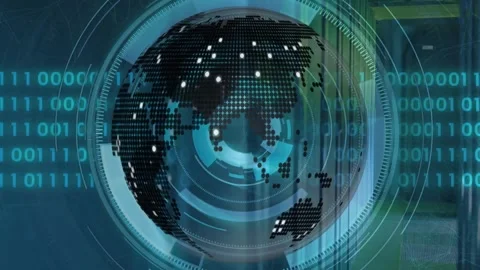 Animation of globe, loading circles and binary codes over data server room Stock Footage 250382195