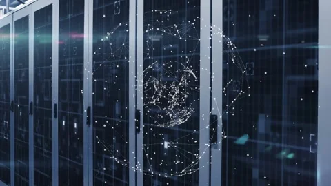 Animation of globe made of connections rotating over servers Stock Footage 325699471