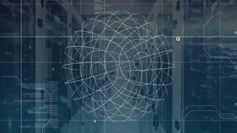 Animation of globe made of connections rotating over servers Video stock 329412757