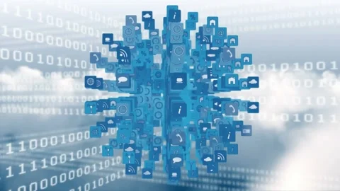 Animation of globe made of icons over binary code over clouds in background Stock Footage 329168320