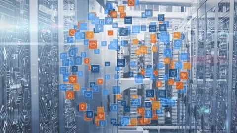 Animation of globe made of icons rotating over servers Video stock 326629756