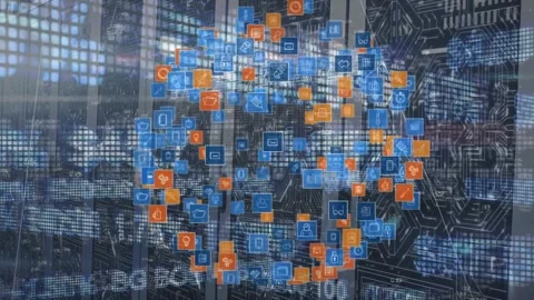 Animation of globe made of icons rotating over servers Stock Footage 329124532