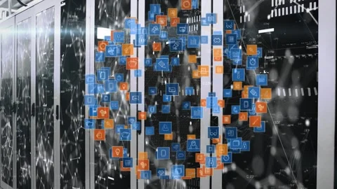 Animation of globe made of icons rotating over servers Stock Footage 329769538