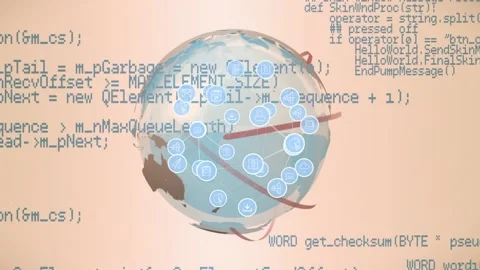 Animation of globe made of technology icons and data processing on orange Stock Footage 172332994
